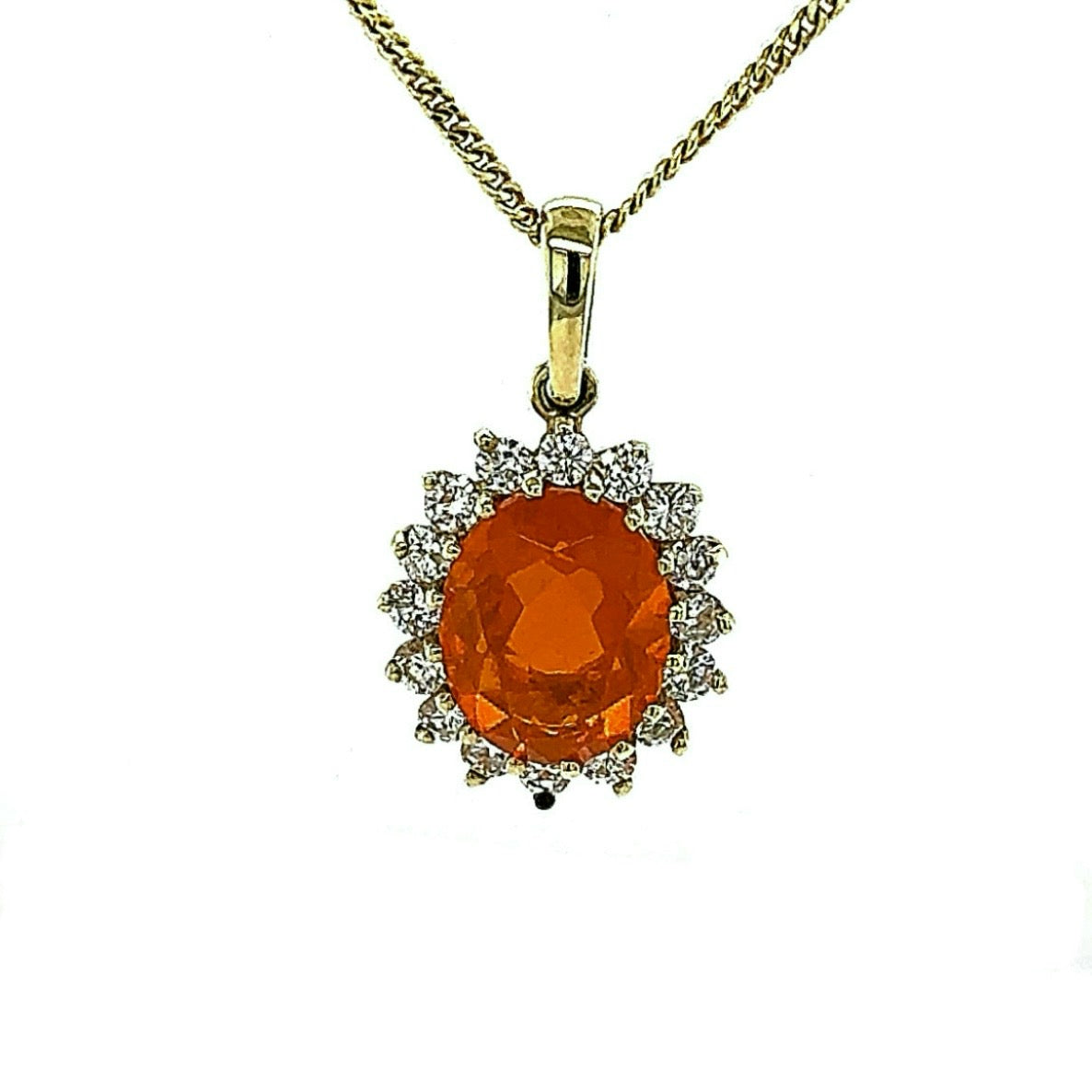 Stilvoller Feueropal-Anhänger in 14 Karat Gelbgold mit Brillanten und Kette