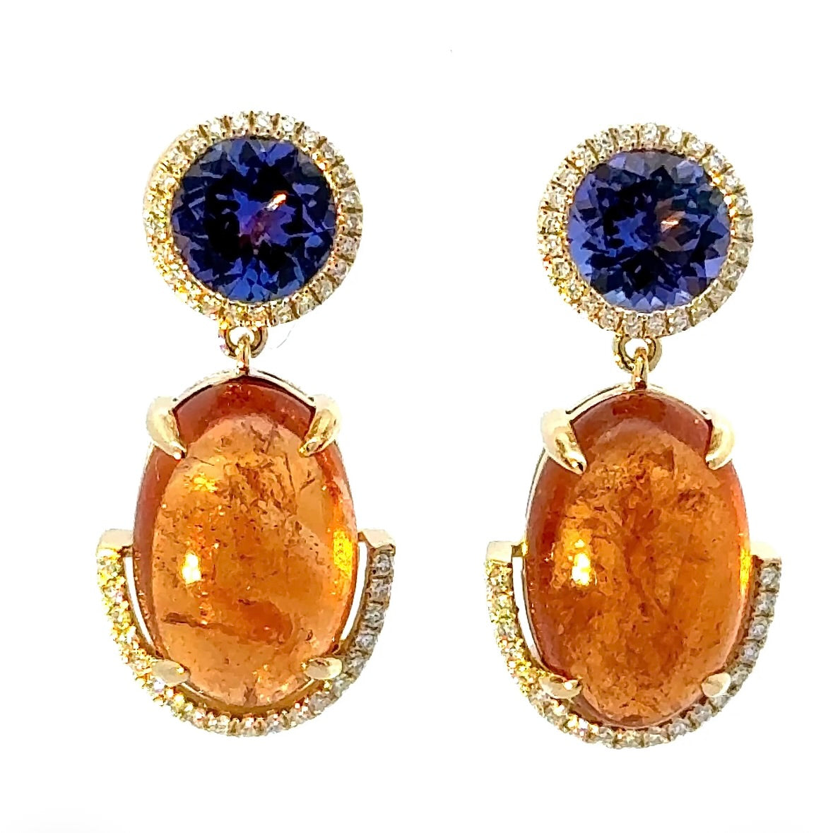 Hochwertige Ohrringe in 18 Karat Gelbgold mit Tansaniten, Mandarin-Granaten & Brillanten