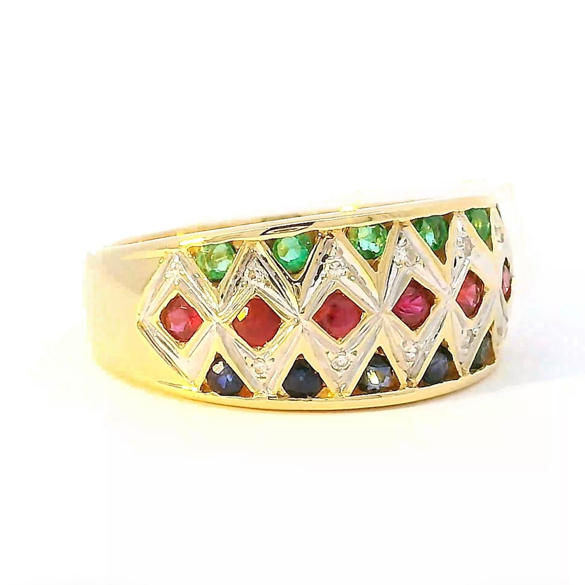 Ausgefallener Ring in 18 Karat Gelbgold mit Smaragd, Saphir, Rubin & Brillanten