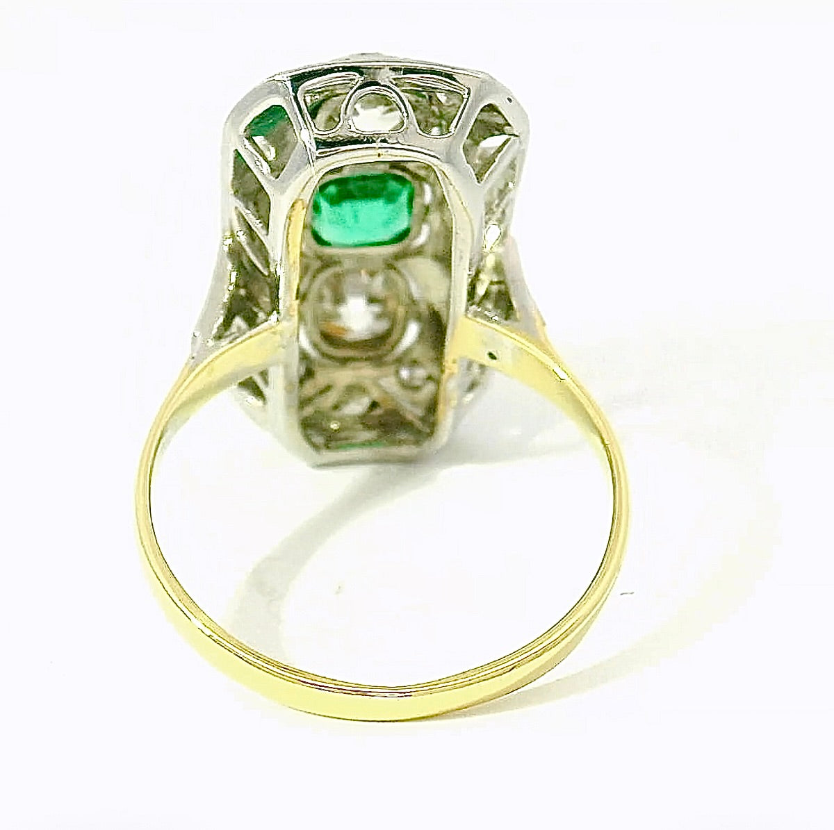Art Deco Ring in 14 Karat Yellow & White Gold with Emerald & Diamonds