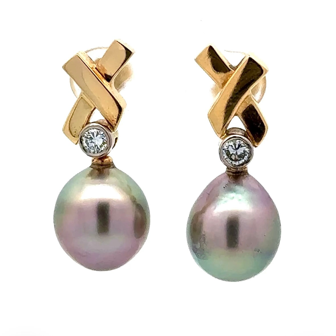 Elegante Ohrringe in 18 Karat Gelbgold mit Tahitiperlen und Brillanten in Handarbeit