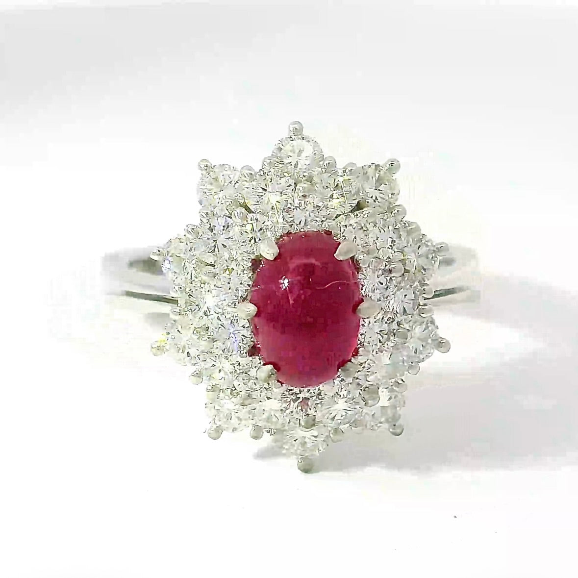 High-Quality Entourage Ring in 18 Karat White Gold with Ruby Cabochon & Brilliants