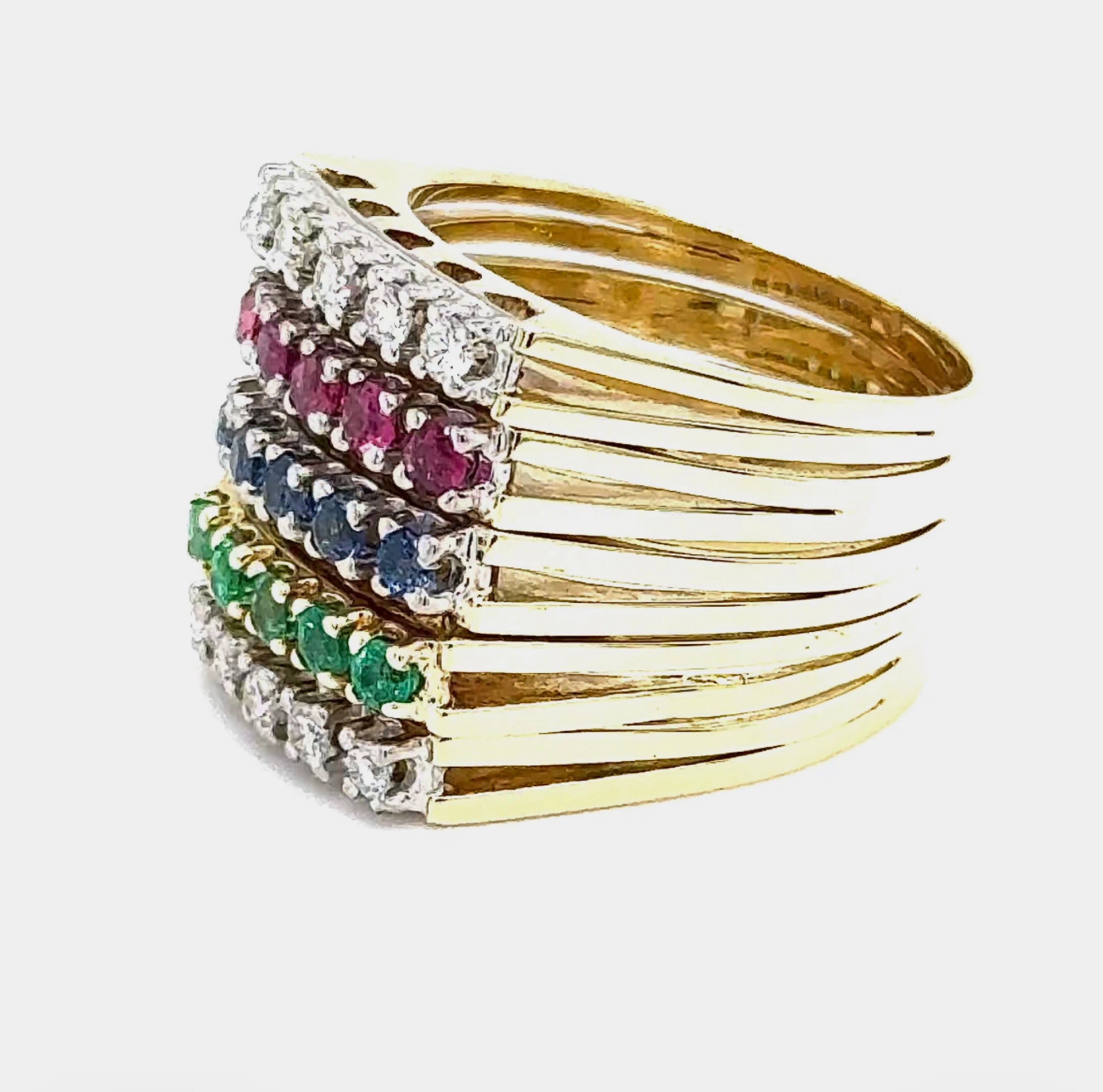 Breiter Halbmemory Ring in 14 Karat Gelbgold mit Saphir, Rubin, Smaragd & Brillanten