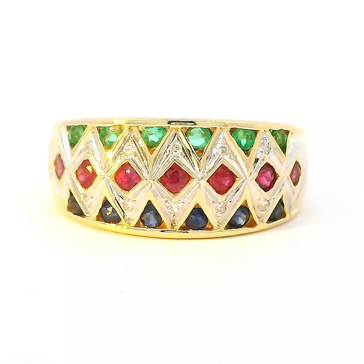 Ausgefallener Ring in 18 Karat Gelbgold mit Smaragd, Saphir, Rubin & Brillanten