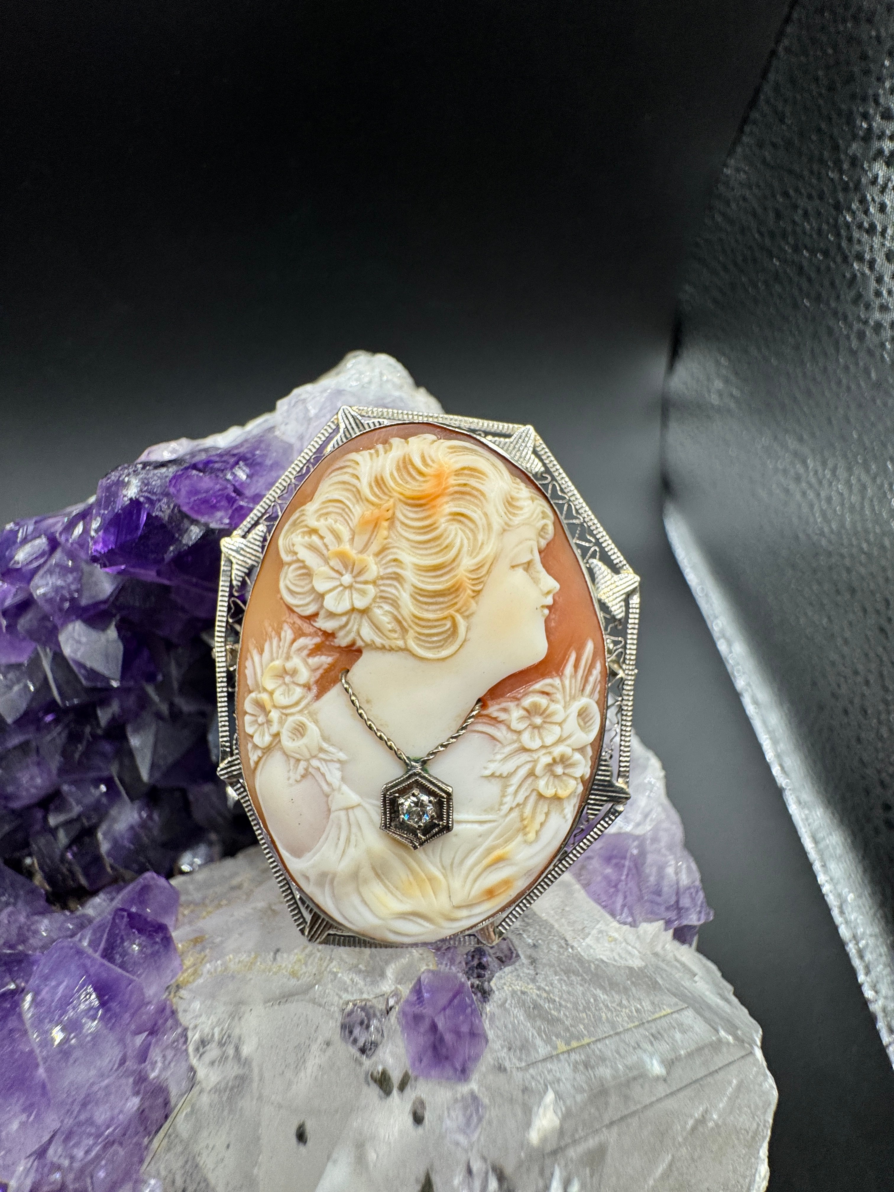 Antique brooch in 14-karat white gold with shell cameo and brilliant-cut diamond - Impressively crafted