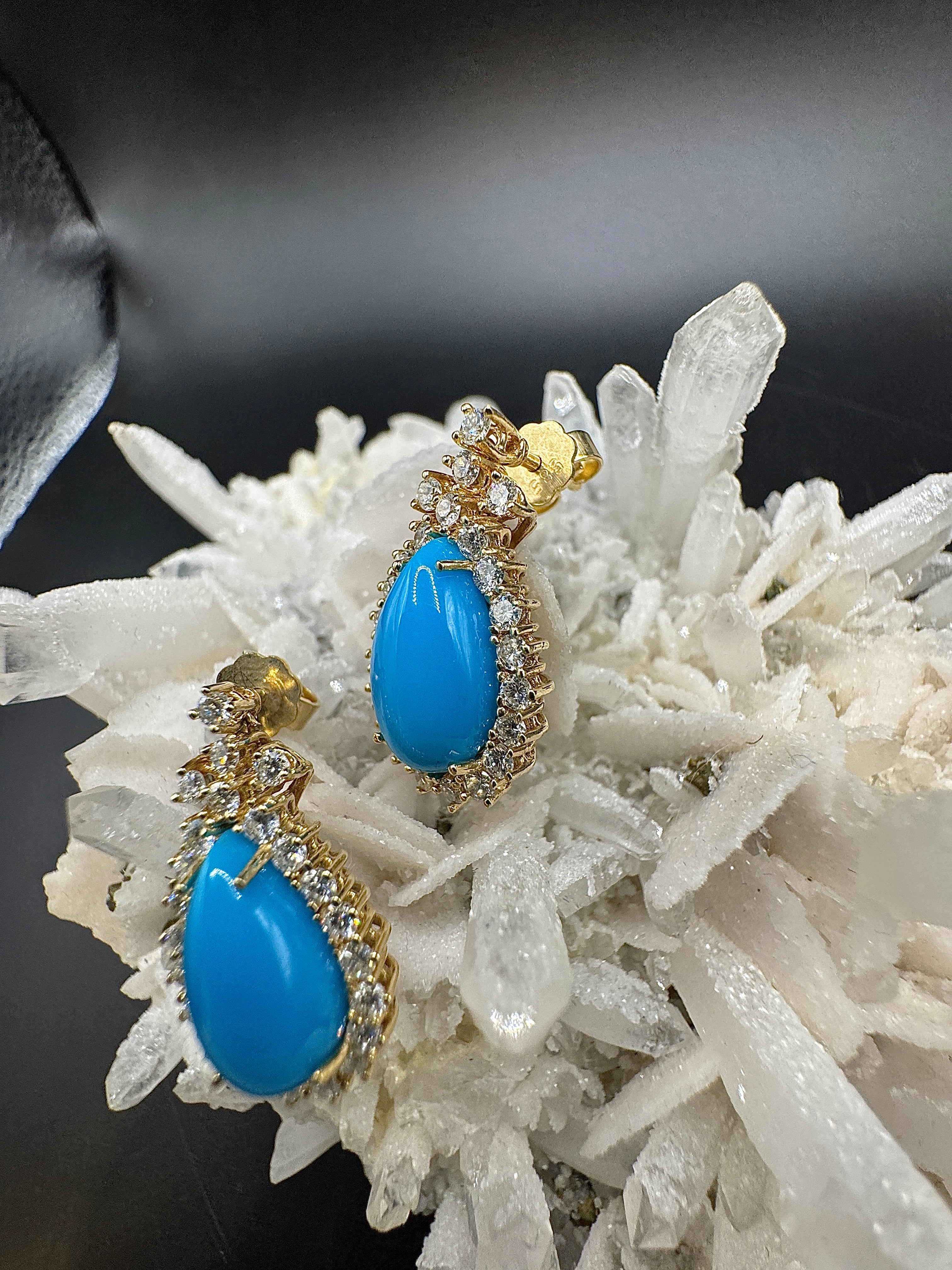 Statement Earrings in 14k Yellow Gold with Turquoise & Diamonds