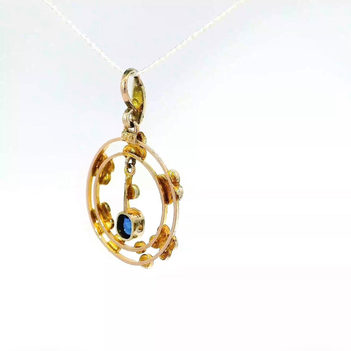 Antiker edwardianischer Anhänger in 14 Karat Roségold mit Saphir & Naturperlen