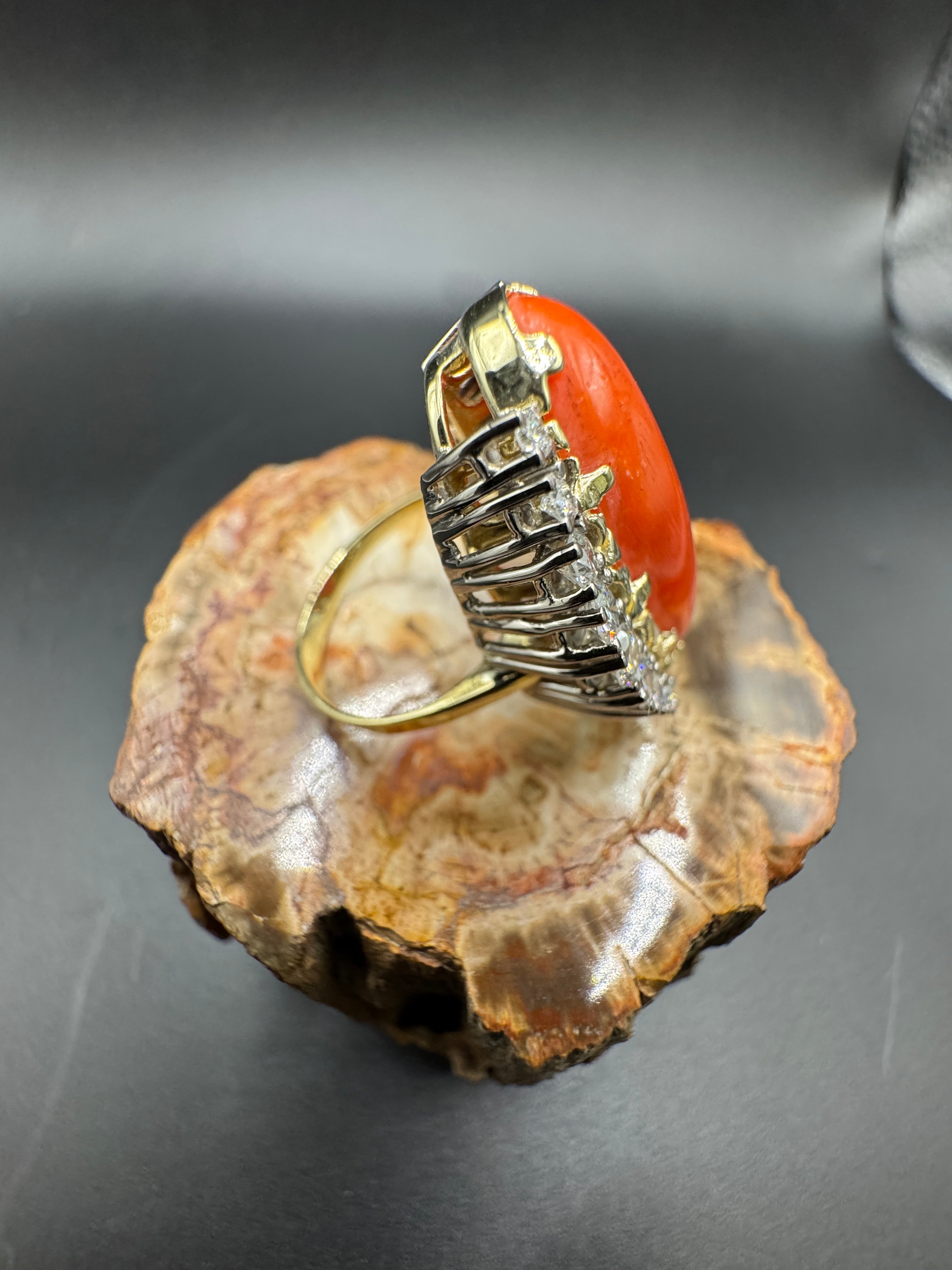 Extravagant cocktail ring in 14k yellow and white gold with fiery red coral and brilliant-cut diamonds