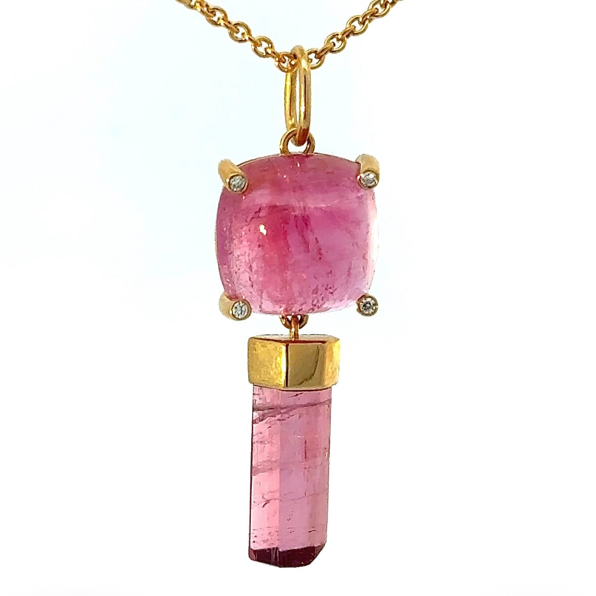Moderner Anhänger in 14 Karat Gelbgold mit rosa Turmalinen & Brillanten