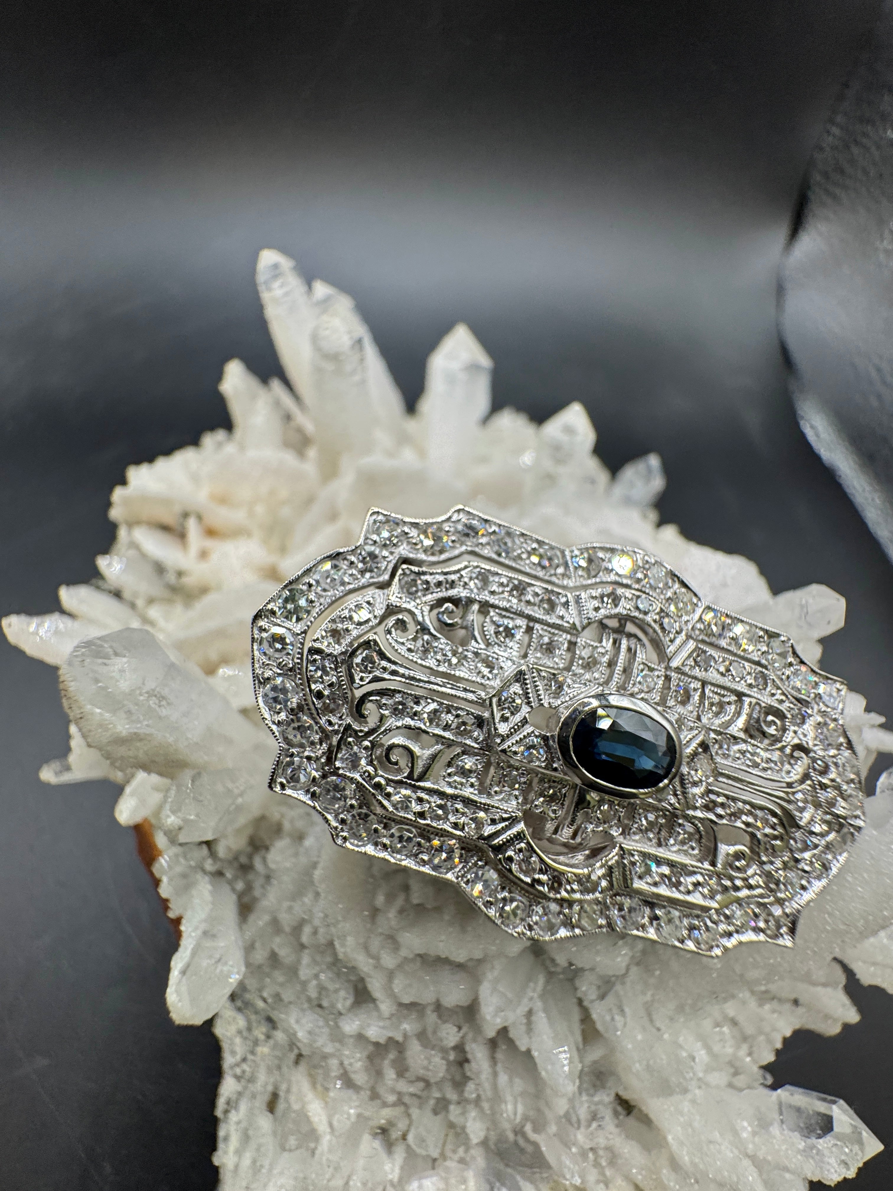 Beeindruckende Brosche in 14 Karat Weißgold mit Saphir & Diamanten