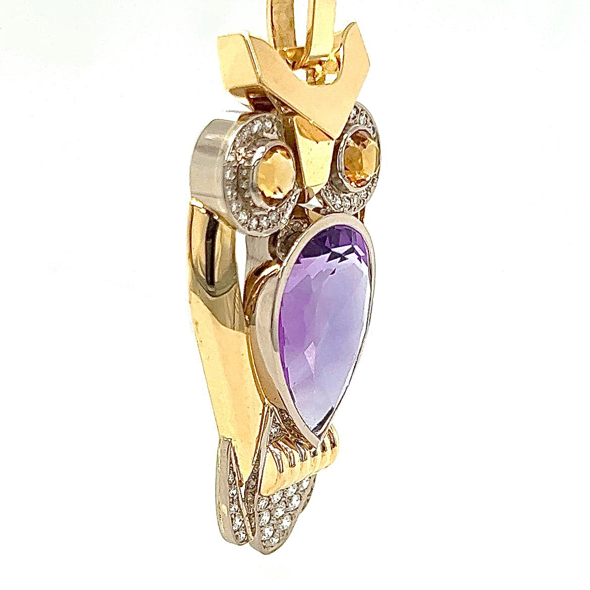 Fancy owl in 14 carat yellow and white gold with amethyst, citrine and diamonds