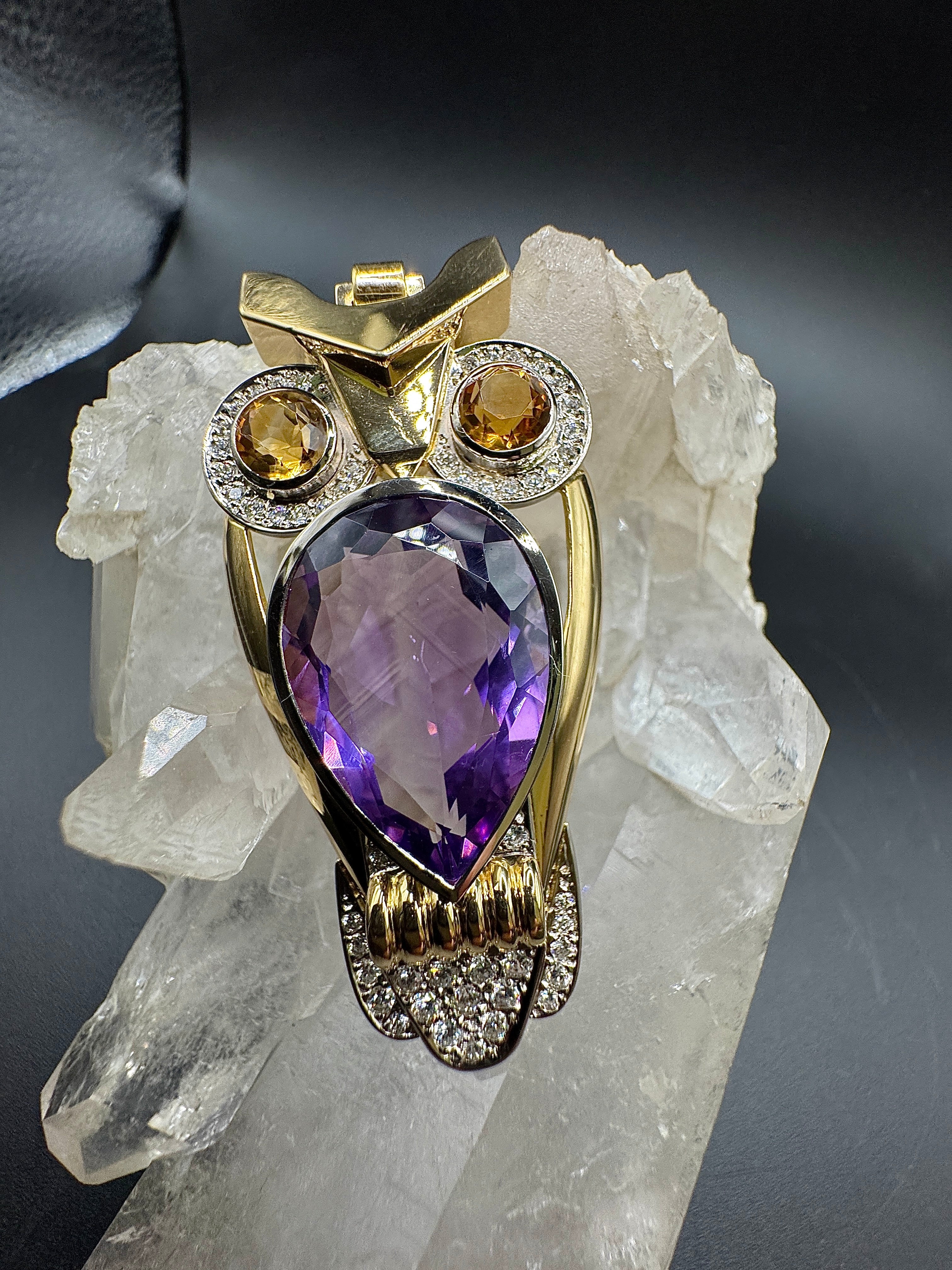 Fancy owl in 14 carat yellow and white gold with amethyst, citrine and diamonds