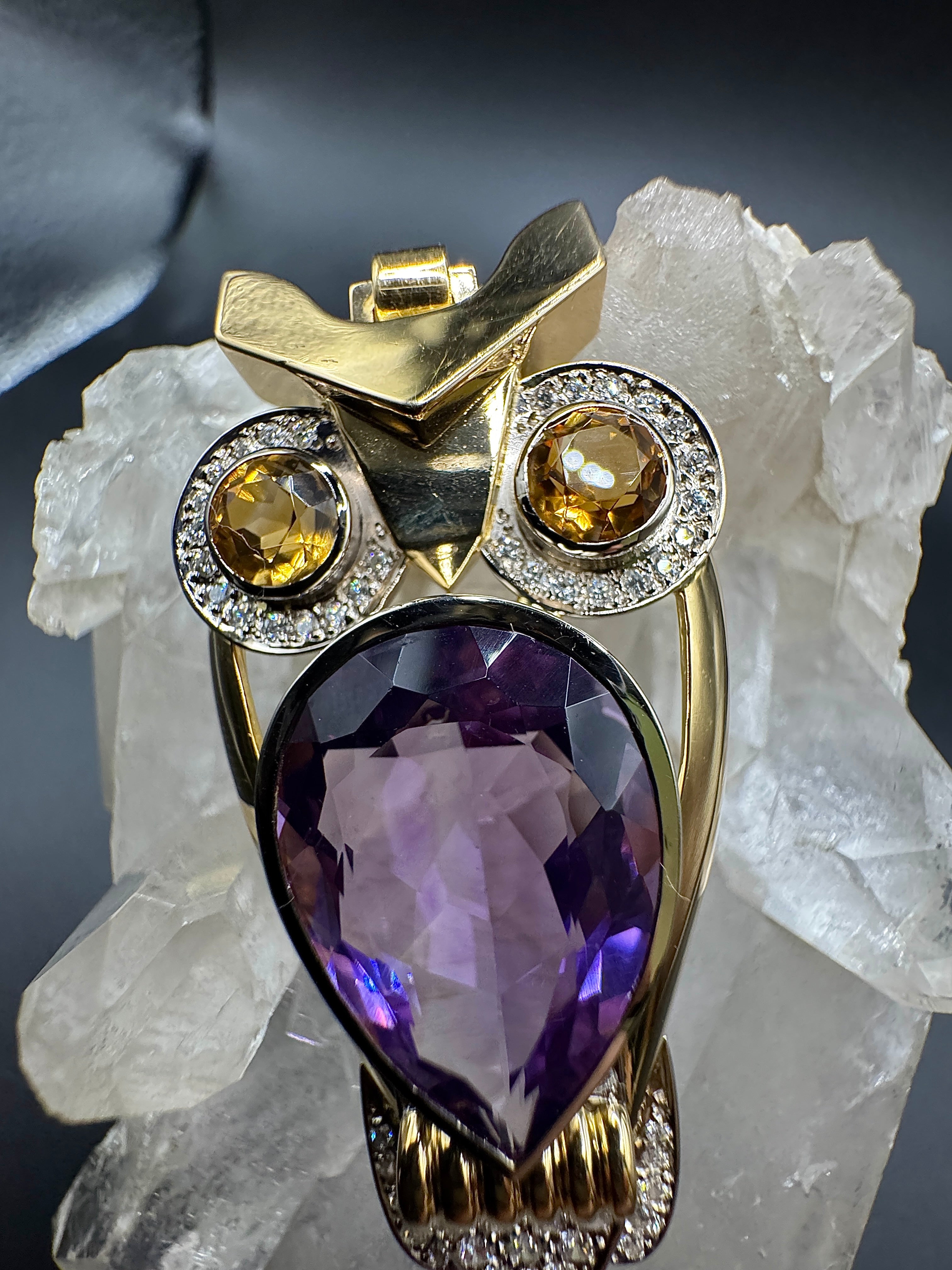 Fancy owl in 14 carat yellow and white gold with amethyst, citrine and diamonds