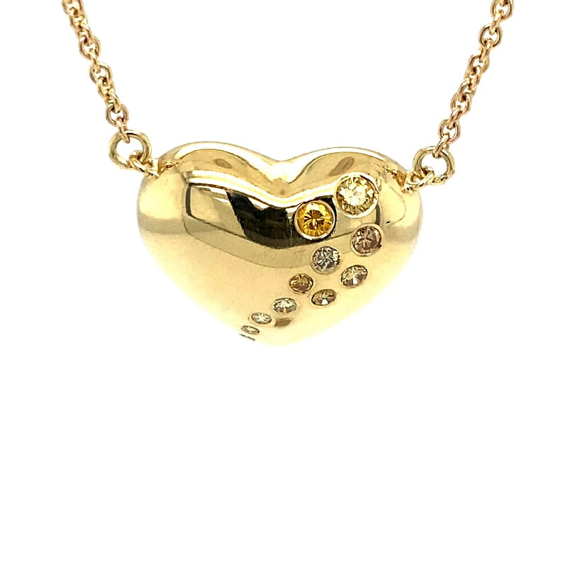 Hartenketting in 18 karaat geelgoud met natuurlijk gekleurde diamanten, met ketting in 14 karaat