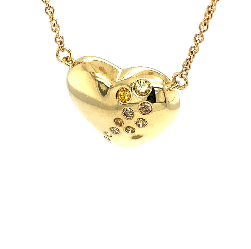 Hartenketting in 18 karaat geelgoud met natuurlijk gekleurde diamanten, met ketting in 14 karaat