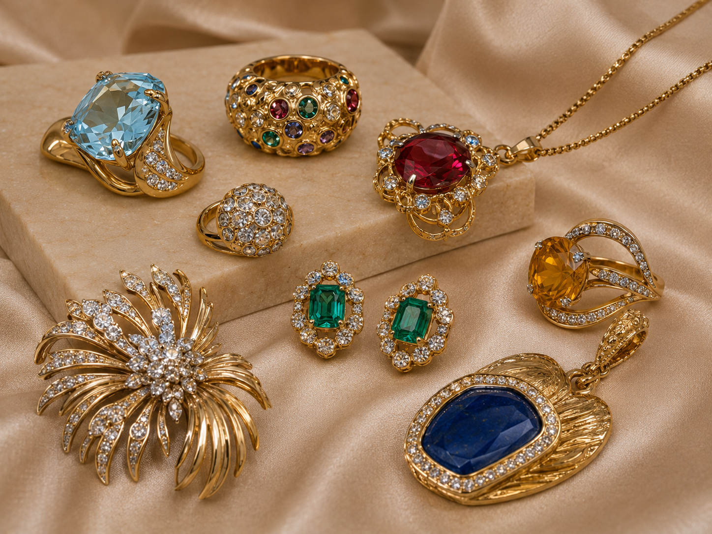 Schmuckstücke aus Gold mit Edelsteinen & Diamanten.