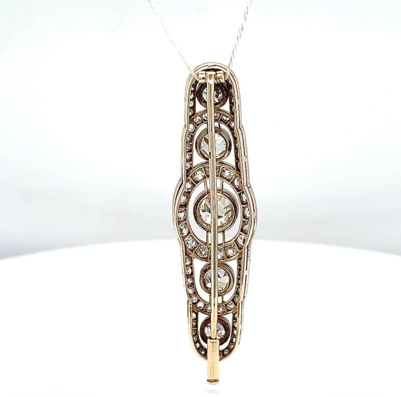 Eindrucksvolle Art-Deco Brosche in 14 Karat Gold mit großen Altschliff Diamanten