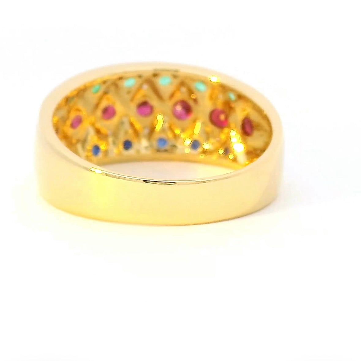 Ausgefallener Ring in 18 Karat Gelbgold mit Smaragd, Saphir, Rubin & Brillanten