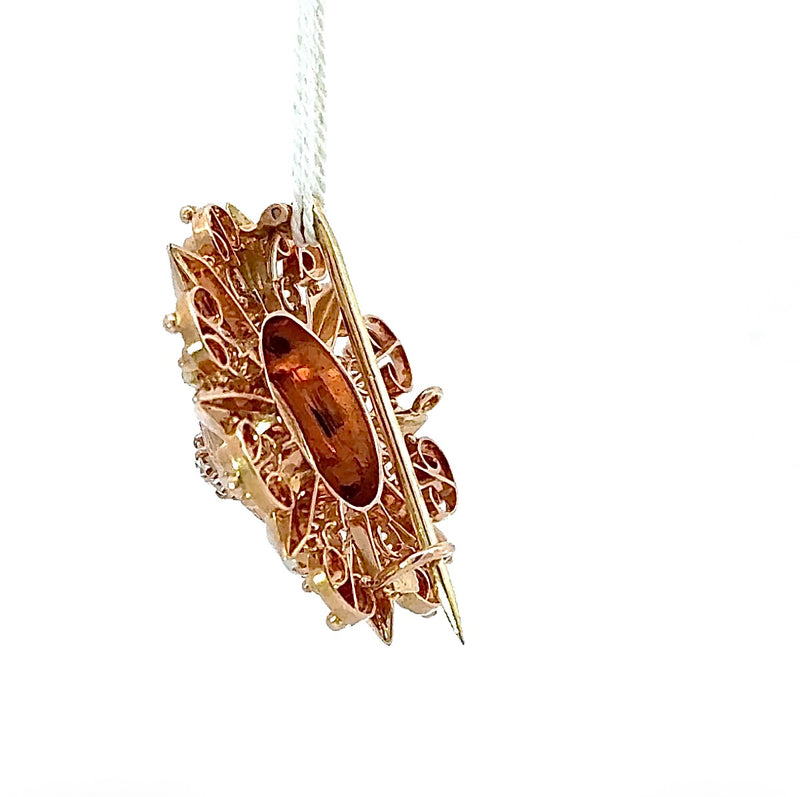 Art Déco Brosche in 14 Karat Roségold mit Altschliff-Diamant & Naturperlen
