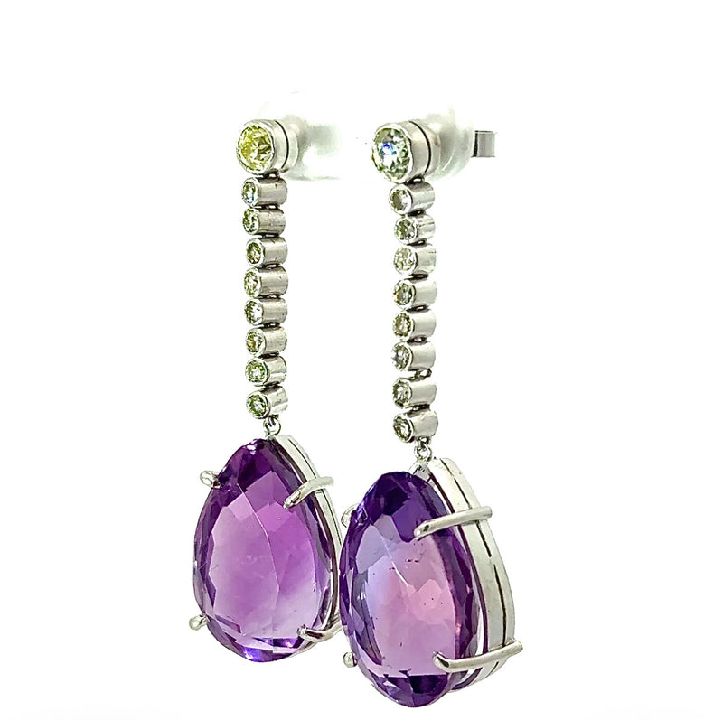 Edle Hängeohrringe in 18 Karat Weißgold mit Altschliff-Diamanten & Amethysten