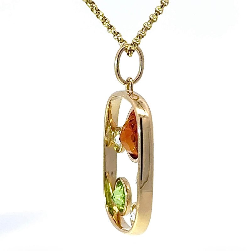 Ausgefallener Peridot / Citrin Anhänger in 14 Karat Gelbgold mit großen Diamanten
