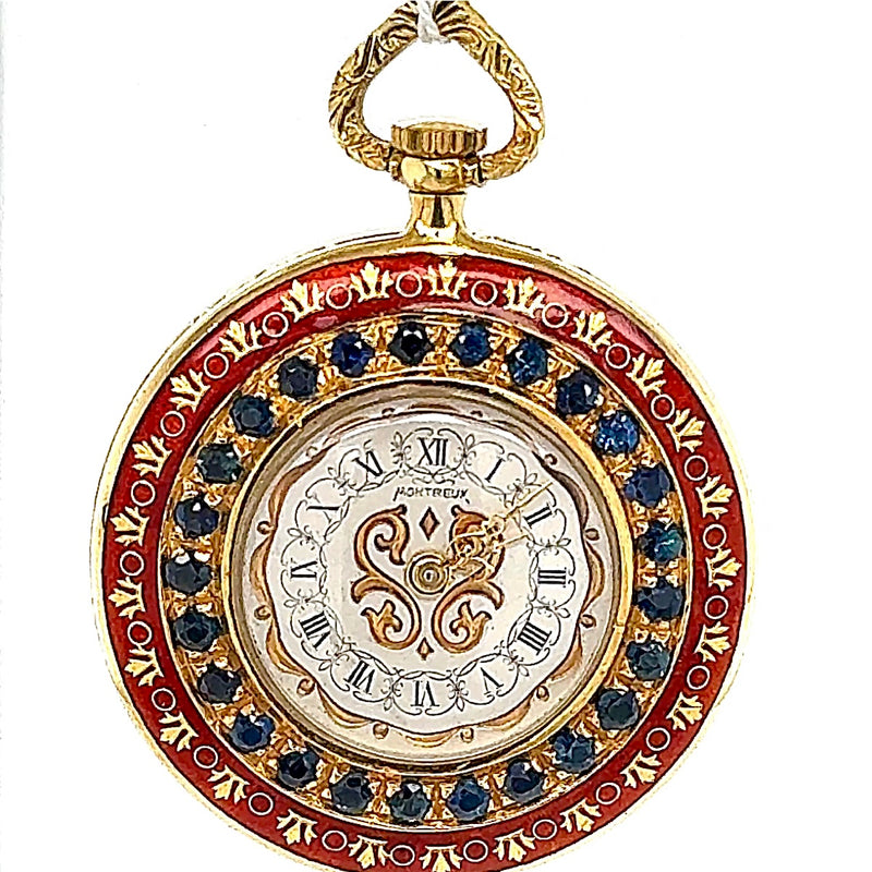 Wunderschöne Taschenuhr in 18 Karat Gelbgold mit rotem Email & blauen Saphiren