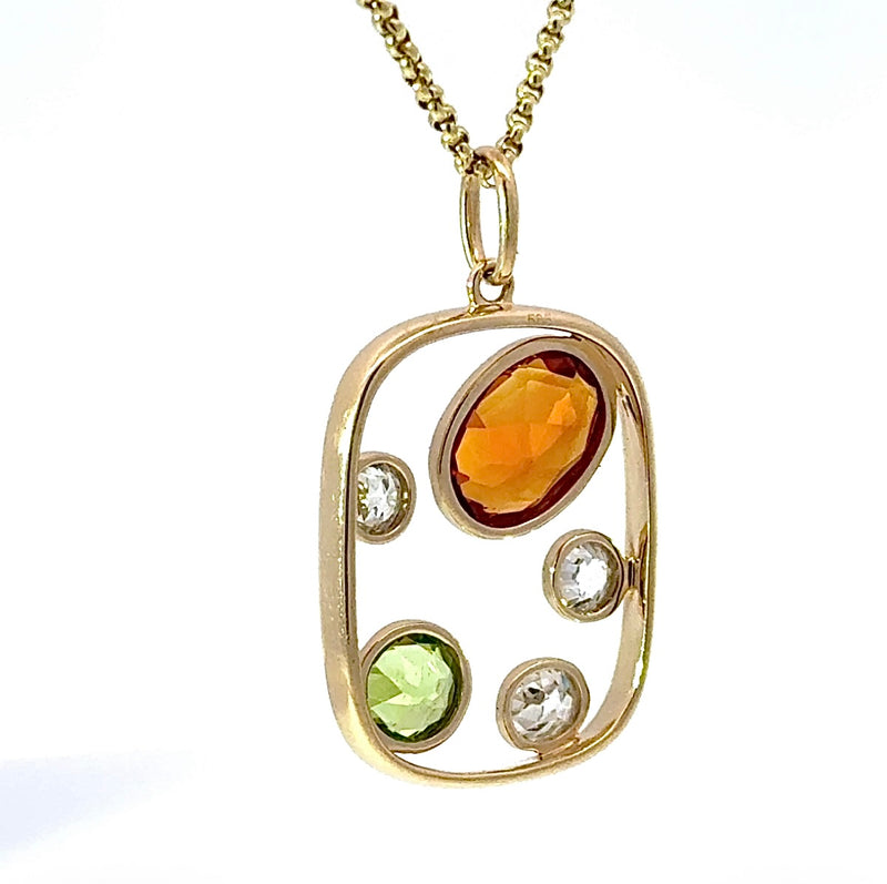 Ausgefallener Peridot / Citrin Anhänger in 14 Karat Gelbgold mit großen Diamanten