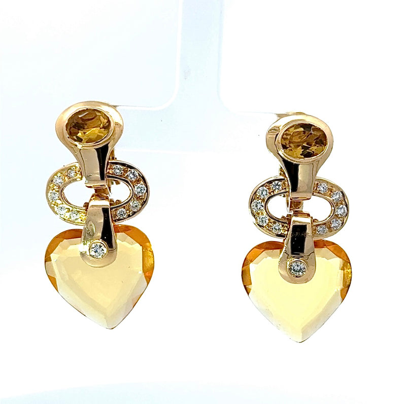 Wirkungsvolle Hängeohrringe in 18 Karat Gelbgold mit Brillanten, Citrin & Amethyst