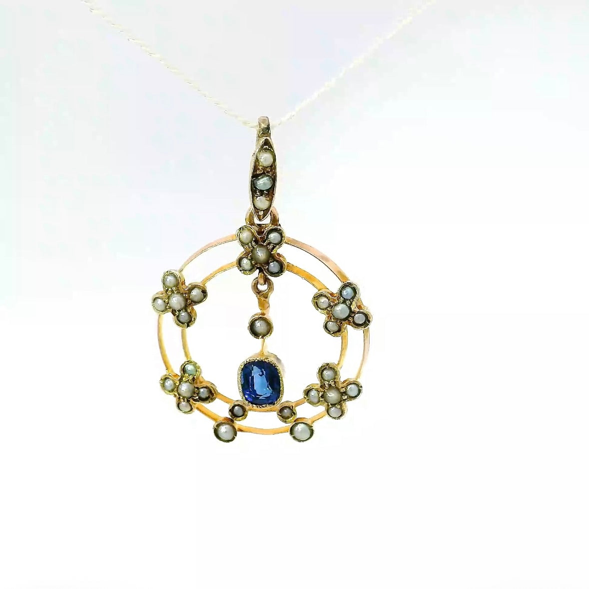 Antiker edwardianischer Anhänger in 14 Karat Roségold mit Saphir & Naturperlen