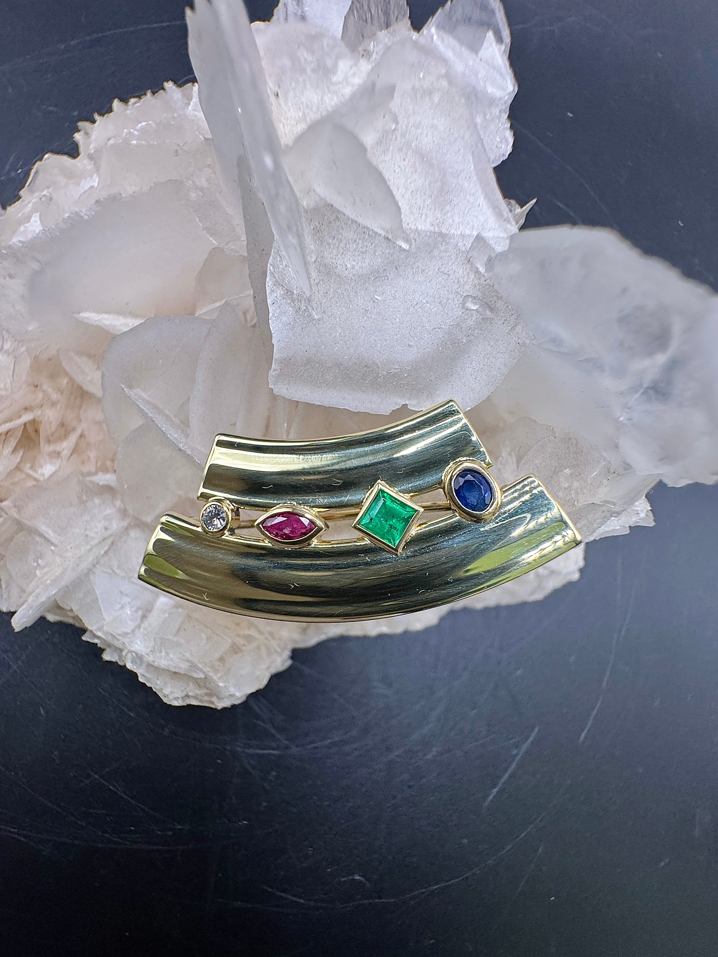 Stylish Fries Arauner Brooch & Pendant in 14 Karat Yellow Gold with Fine Gemstones & Brilliant-Cut Diamond
