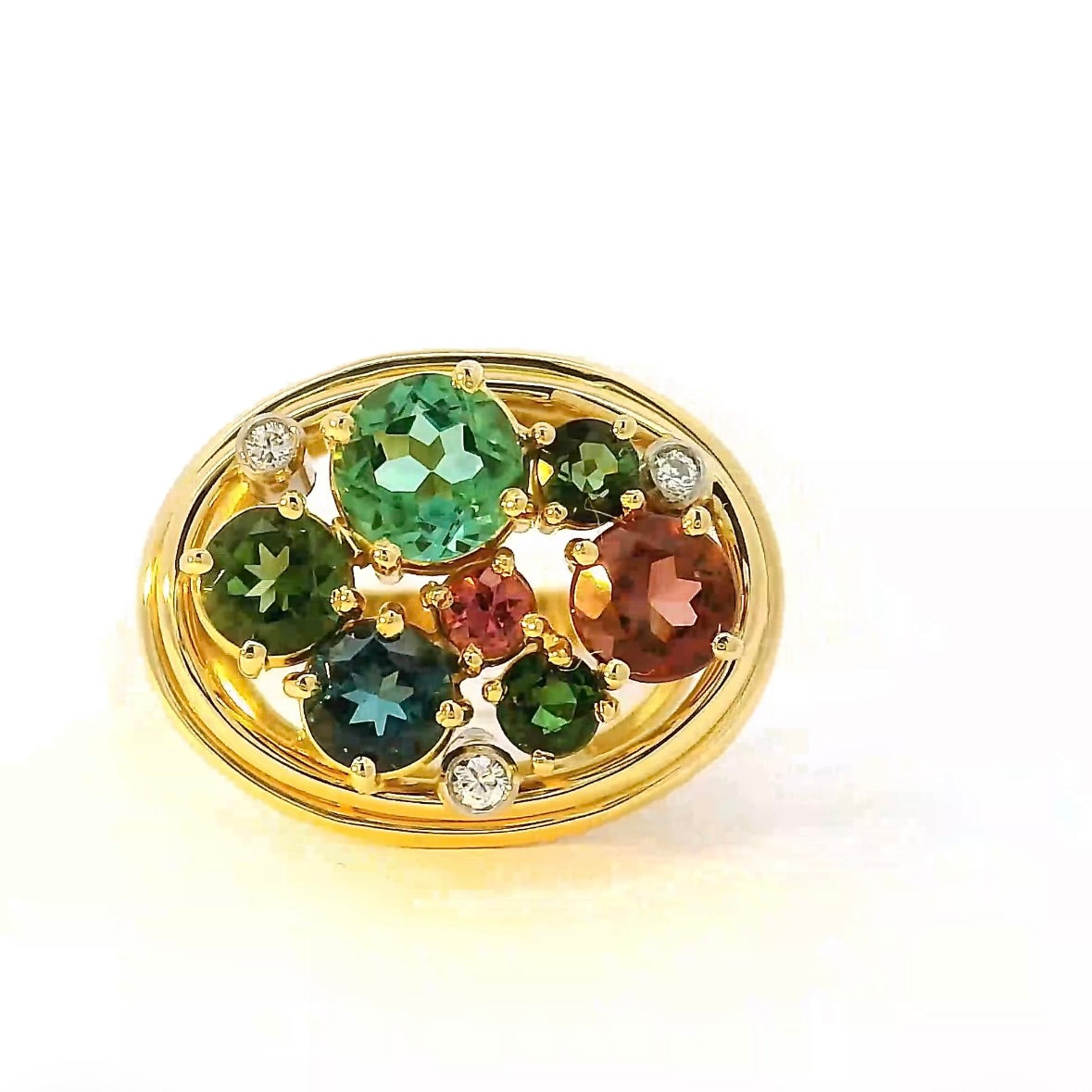 Lebhafter Ring in 18 Karat Gelbgold mit bunten Turmalinen & Brillanten
