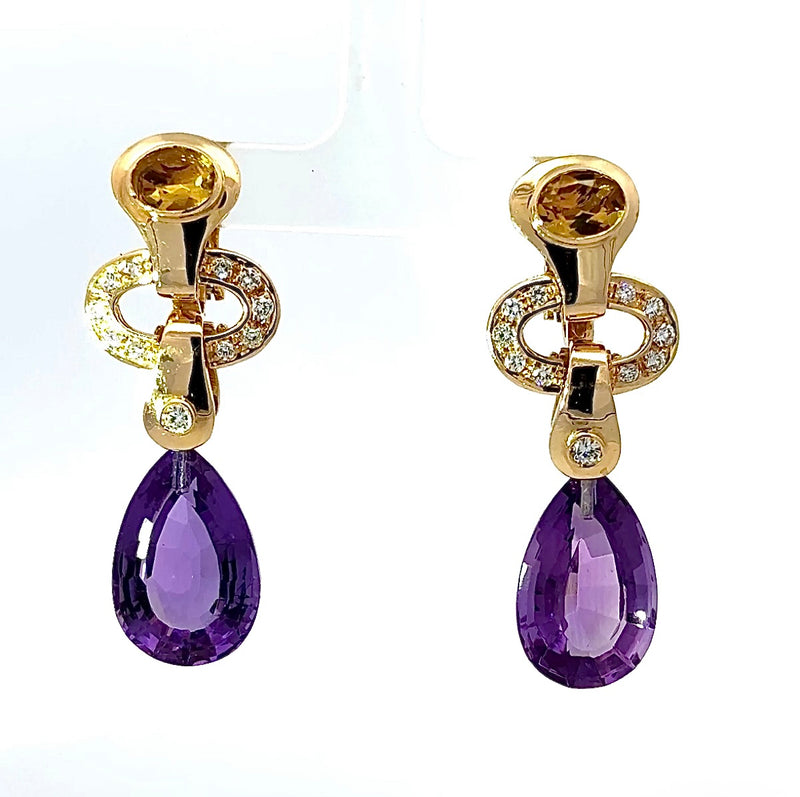Wirkungsvolle Hängeohrringe in 18 Karat Gelbgold mit Brillanten, Citrin & Amethyst