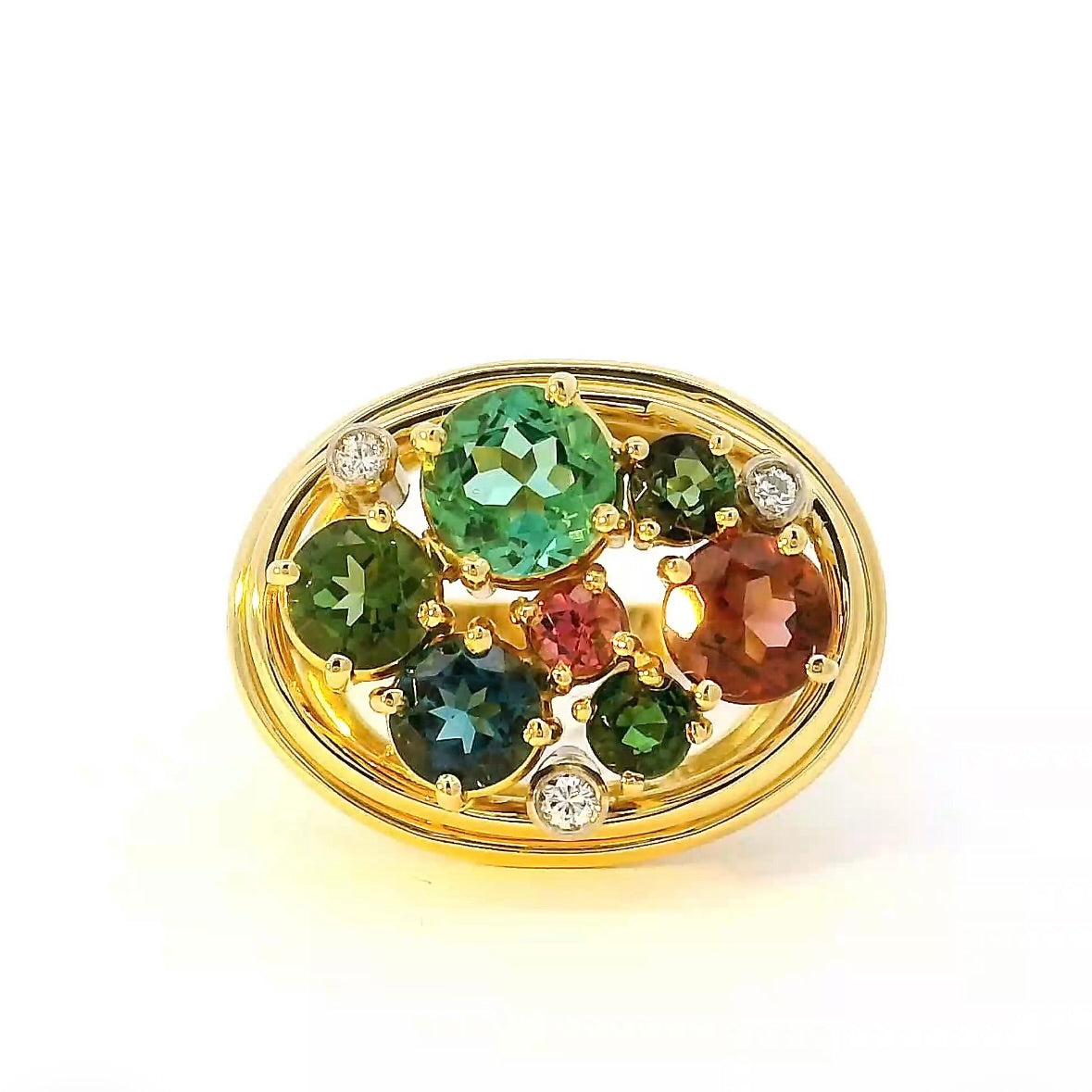 Lebhafter Ring in 18 Karat Gelbgold mit bunten Turmalinen & Brillanten