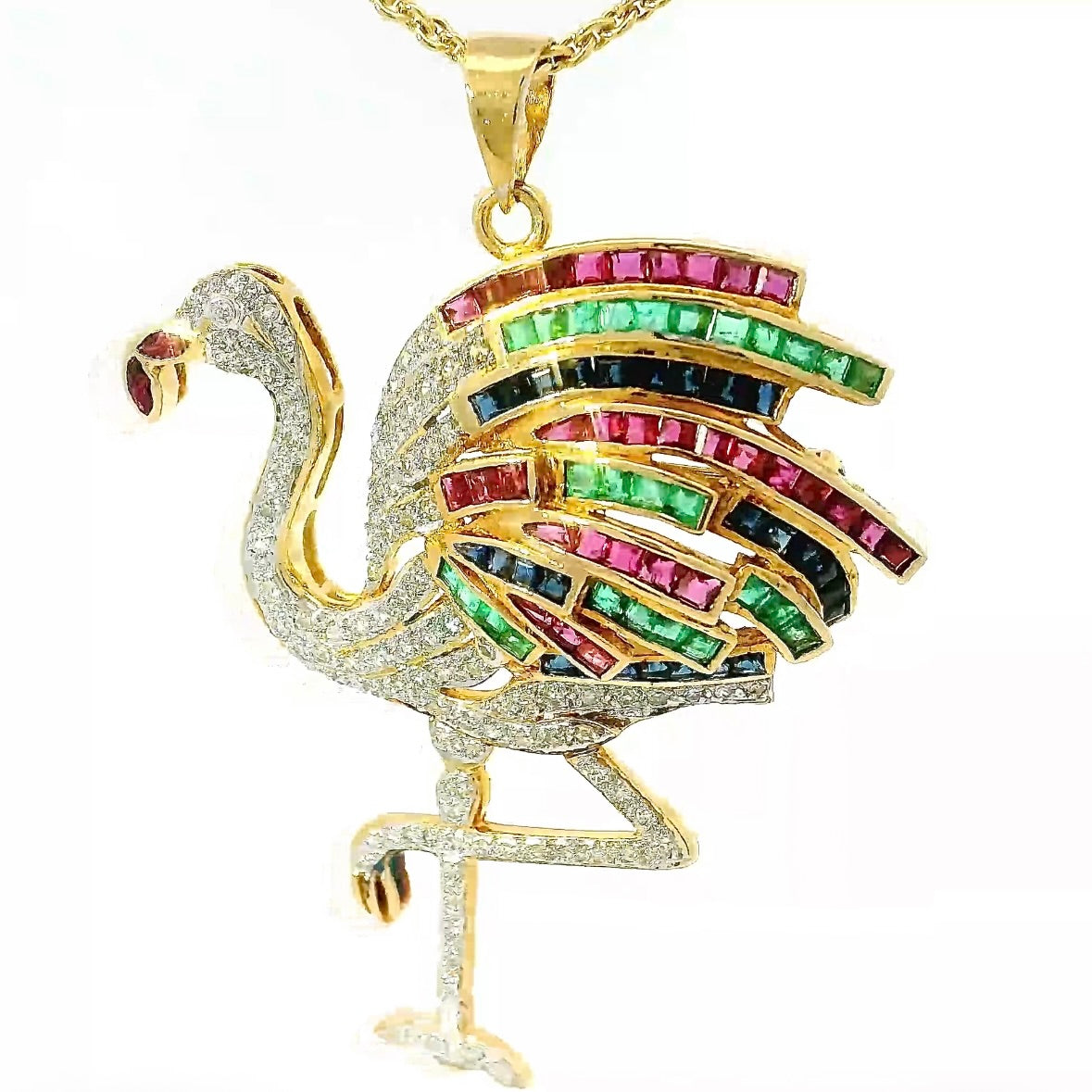 Flamingo-Anhänger in 18 Karat Gelbgold mit Smaragden, Rubinen, Saphiren & Diamanten