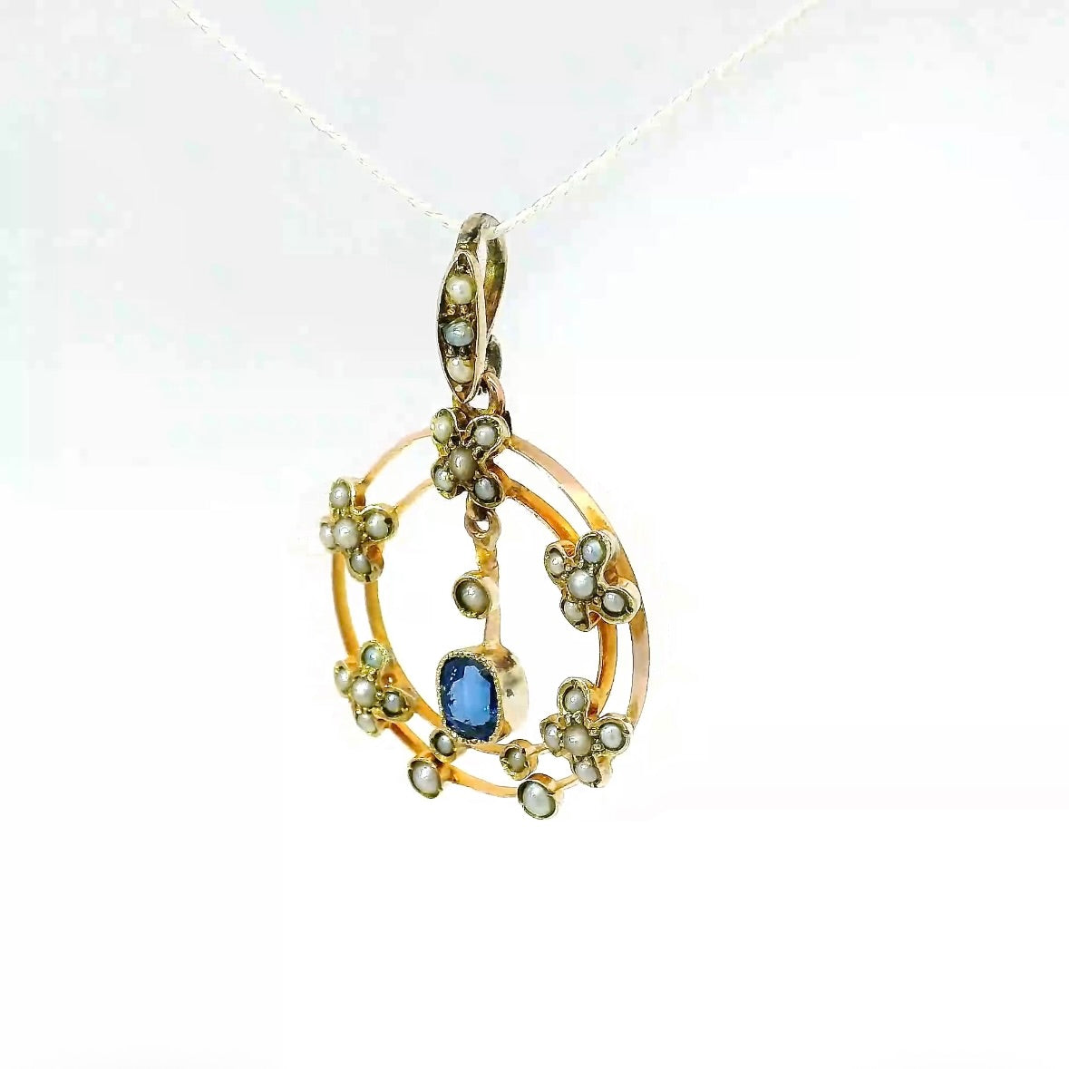 Antiker edwardianischer Anhänger in 14 Karat Roségold mit Saphir & Naturperlen
