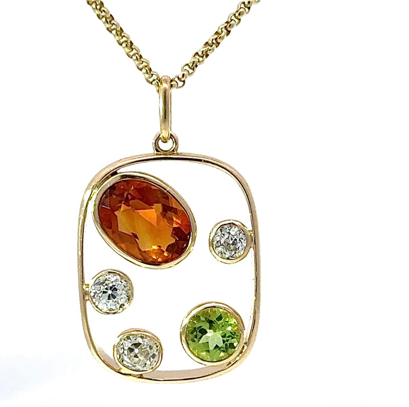 Ausgefallener Peridot / Citrin Anhänger in 14 Karat Gelbgold mit großen Diamanten