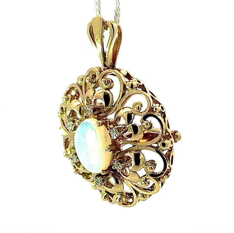 Handgefertigter Anhänger & Brosche in 18 Karat Gelbgold mit australischem Opal & Diamanten