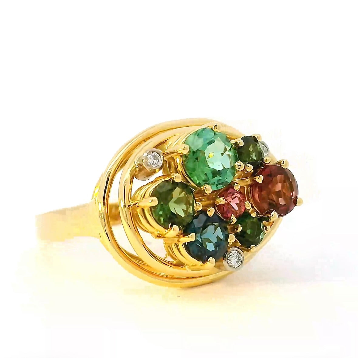 Lebhafter Ring in 18 Karat Gelbgold mit bunten Turmalinen & Brillanten