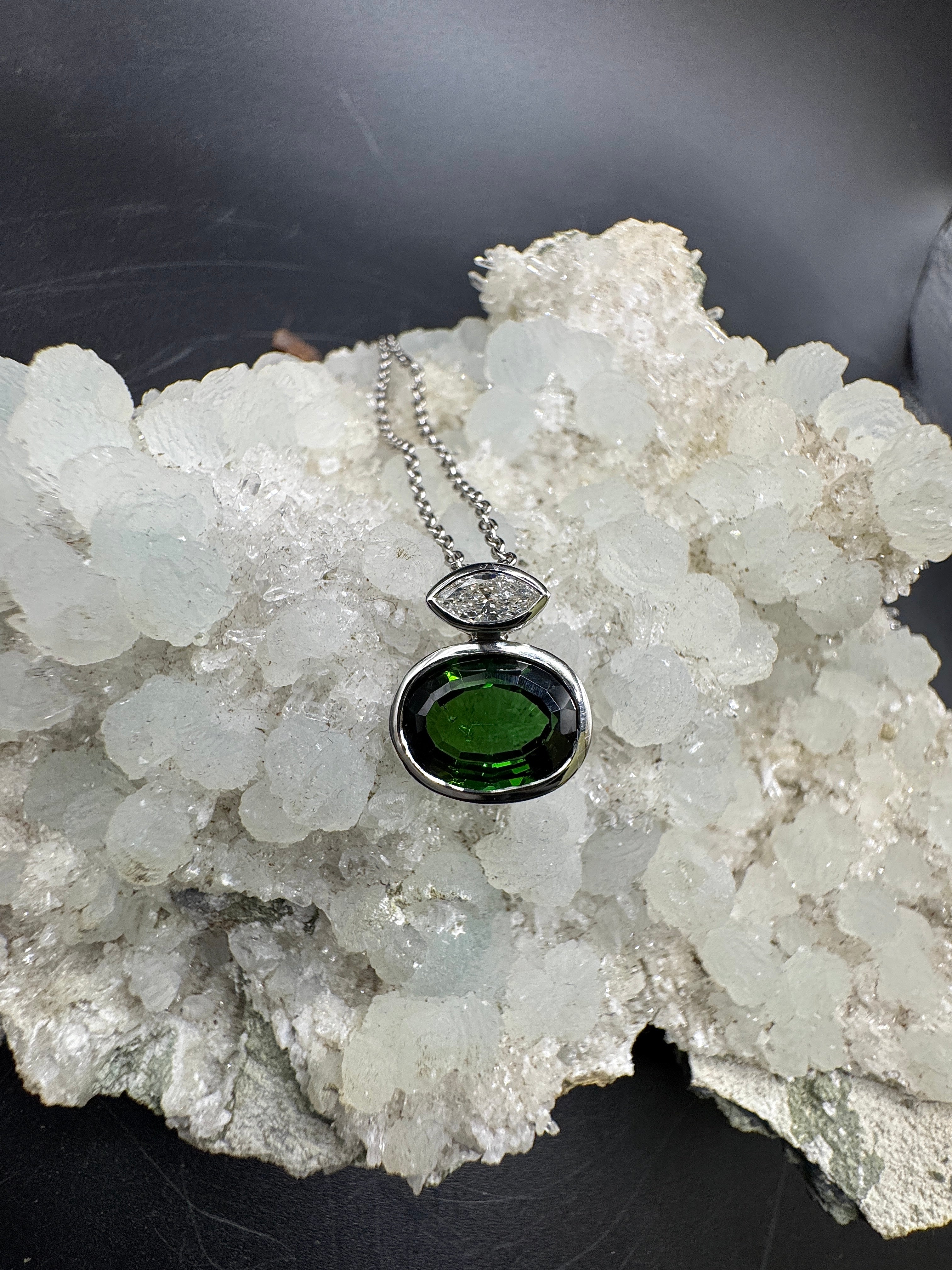 Modern Tourmaline Pendant in 14 Karat White Gold with Navette Brilliant