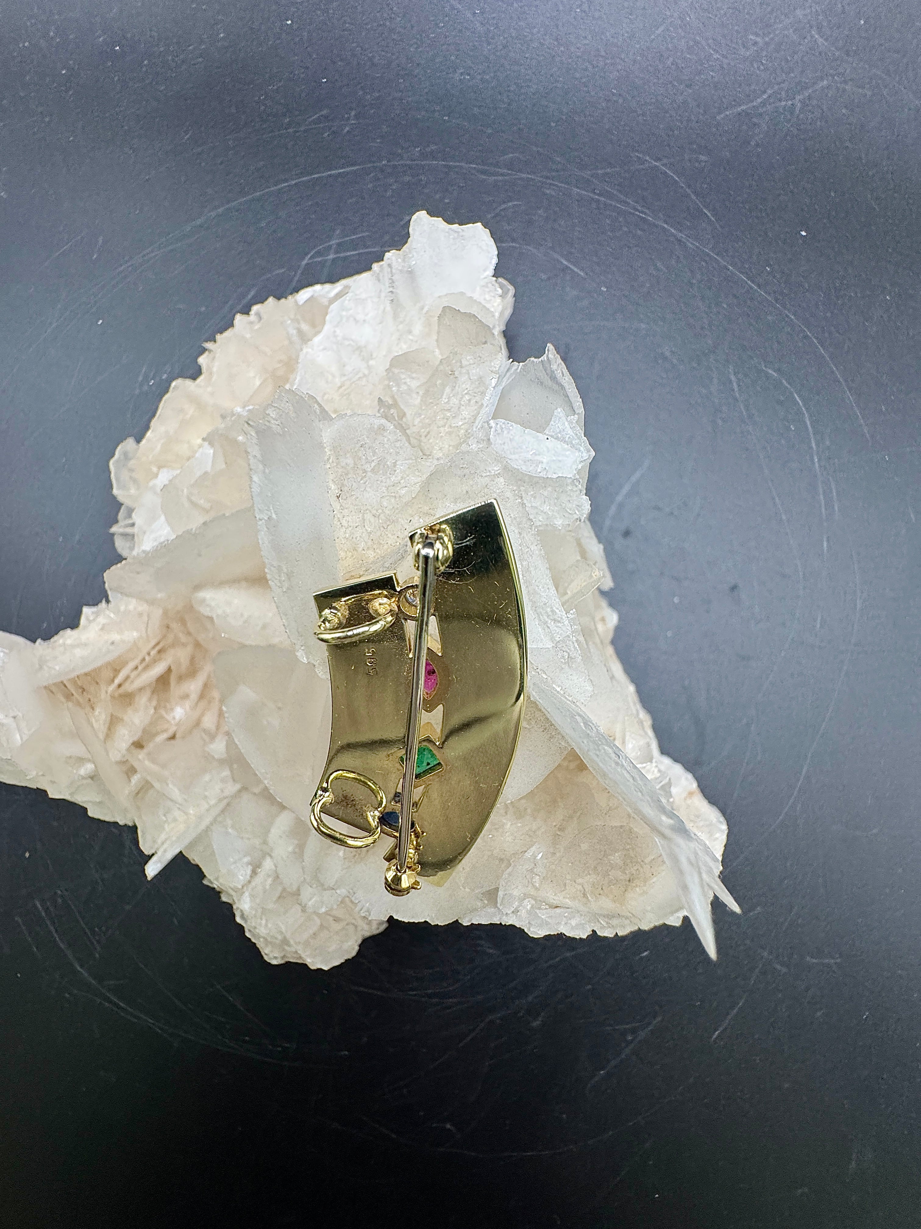 Stylish Fries Arauner Brooch & Pendant in 14 Karat Yellow Gold with Fine Gemstones & Brilliant-Cut Diamond