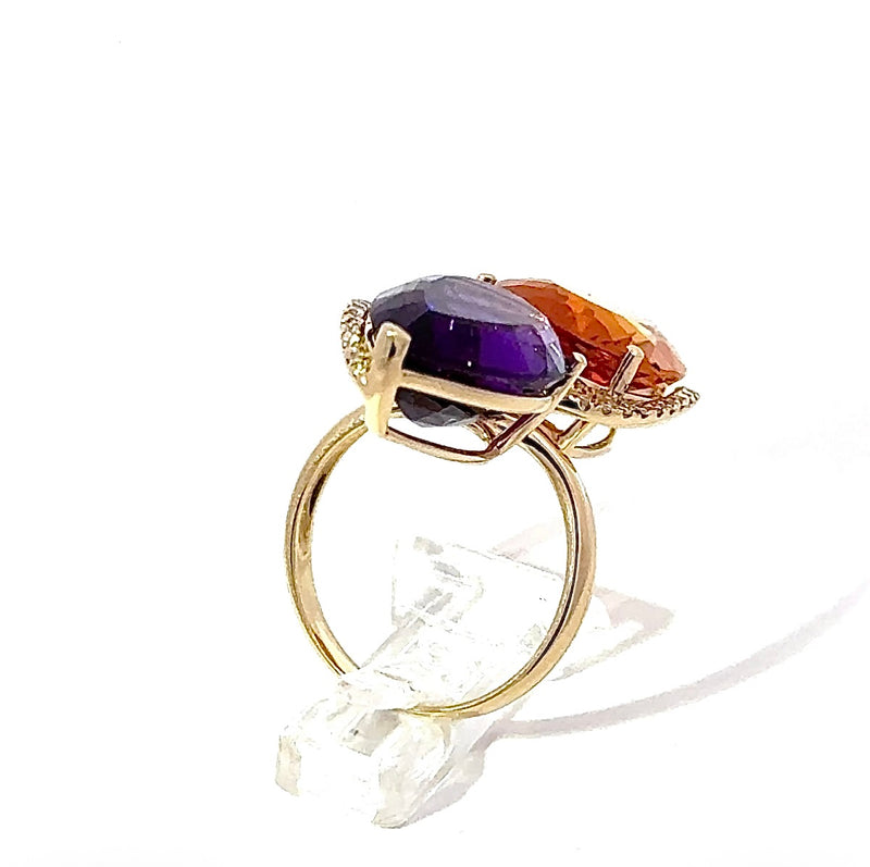 Moderner Cocktailring in 14 Karat Gelbgold mit feinen Brillanten, Amethyst & Citrin