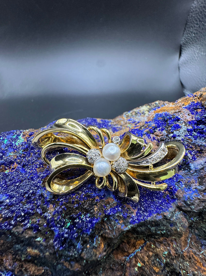 Vintage-Brosche in 14 Karat Gelbgold mit Diamanten und Perlen | Brosche - Schmuck Schroll