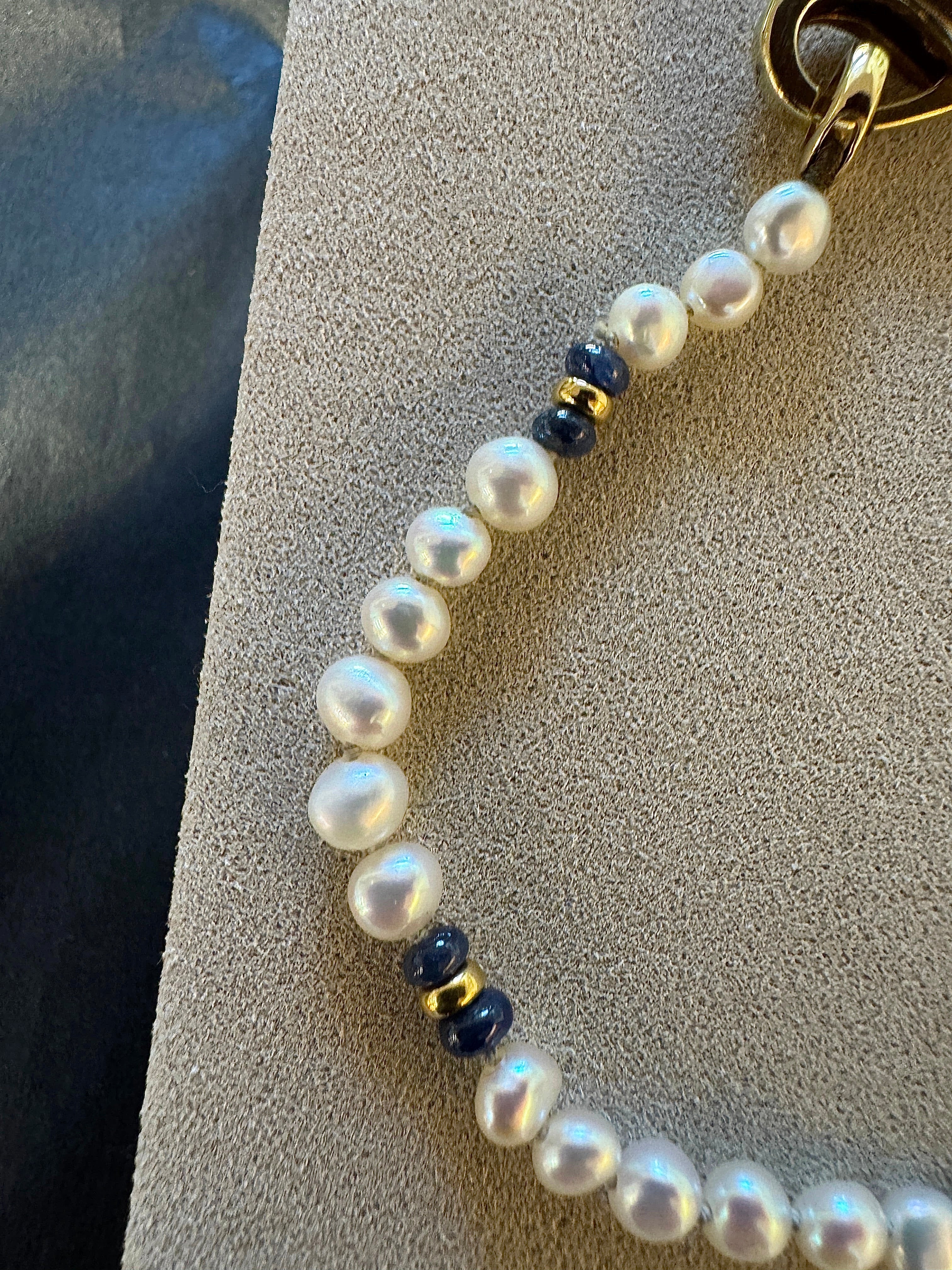 Playful Pearl Bracelet with 14K Yellow Gold and Blue Sapphires