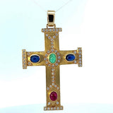Beeindruckendes Kreuz in 18 Karat Gelbgold mit Brillanten, Smaragd, Rubin & Saphiren