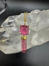 Moderner Anhänger in 14 Karat Gelbgold mit rosa Turmalinen & Brillanten