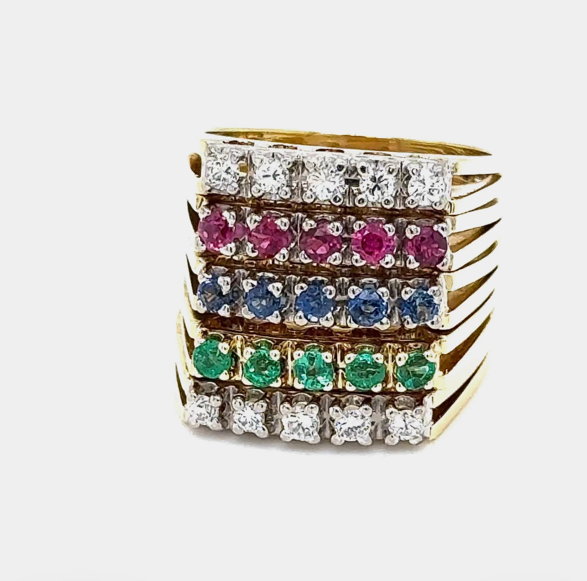 Breiter Halbmemory Ring in 14 Karat Gelbgold mit Saphir, Rubin, Smaragd & Brillanten