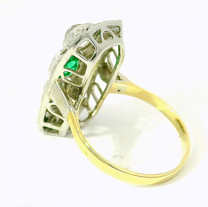 Art Deco Ring in 14 Karat Gelb- & Weißgold mit Smaragd & Diamanten