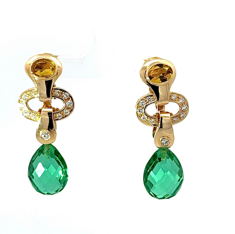 Wirkungsvolle Hängeohrringe in 18 Karat Gelbgold mit Brillanten, Citrin & Amethyst