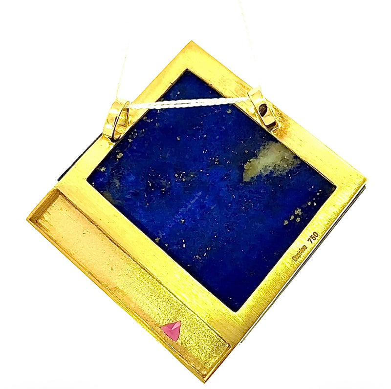 Einmaliger Anhänger in 18 Karat Gelbgold mit Lapis Lazuli und rosa Turmalin