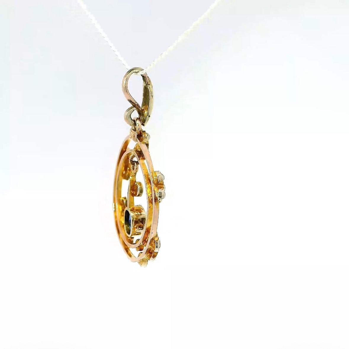 Antiker edwardianischer Anhänger in 14 Karat Roségold mit Saphir & Naturperlen